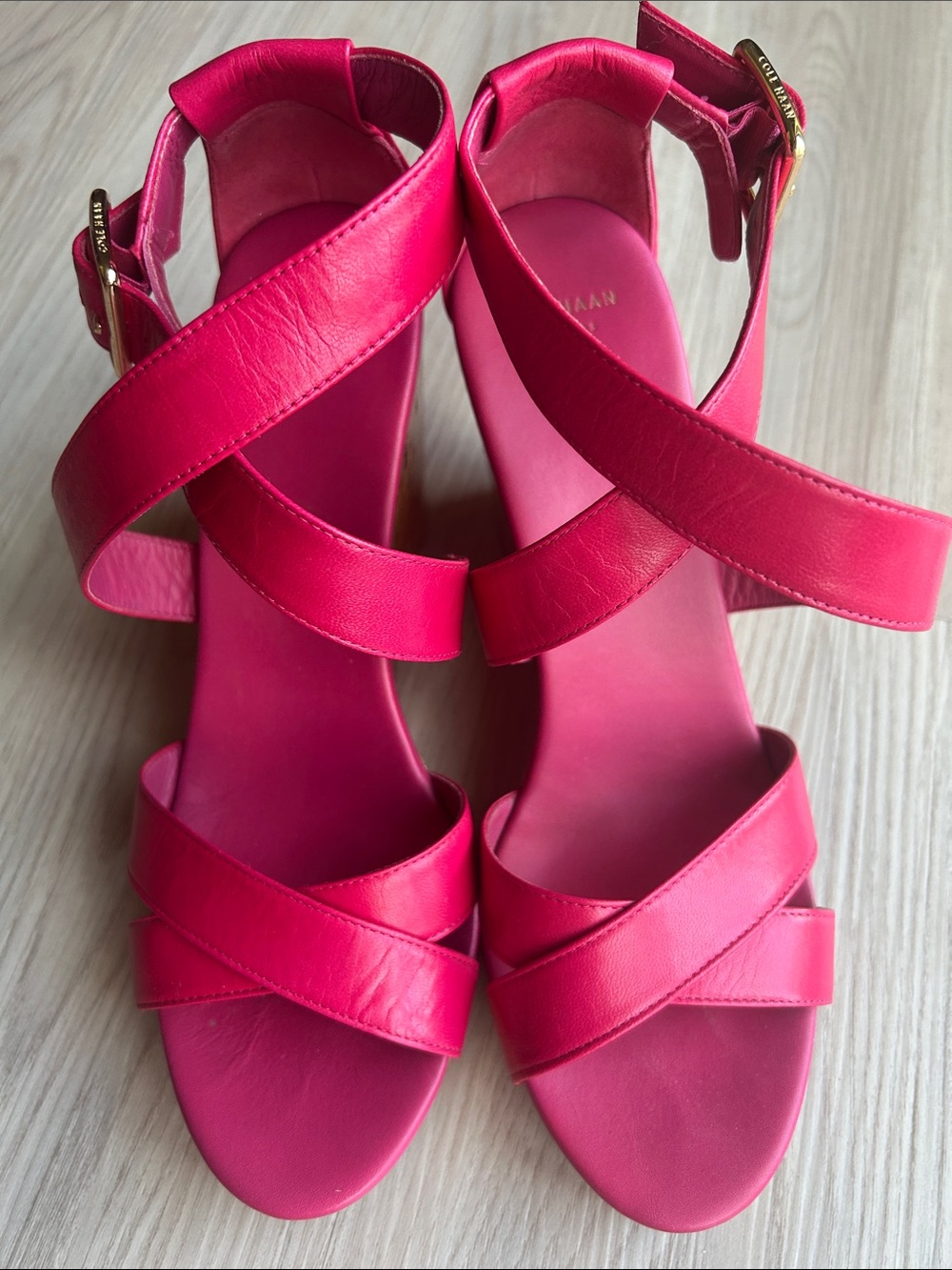 Cole Haan Women's Jillian Wedge Leather Sandals 8.5 Electra Pink Strappy Heel